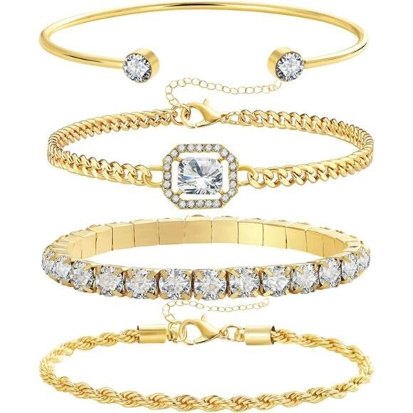 4 Piece Dainty Gold Bracelets Set for Women 14K Plated Link Cubic Zirconia - Picture 1 of 6
